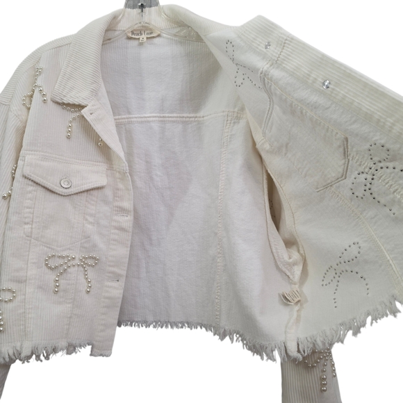 Nwot Peach Love Ivory Cordoroy Pearl Bows Cropped Raw Edge Collared Jacket - Picture 9 of 17